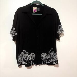 Black button up blouse with white floral embroidery. Size: 1X